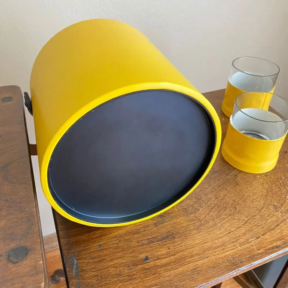Vintage Yellow Vinyl Ice Bucket w Rocks Glasses Vinyl Cover Bar Set Mid-Century